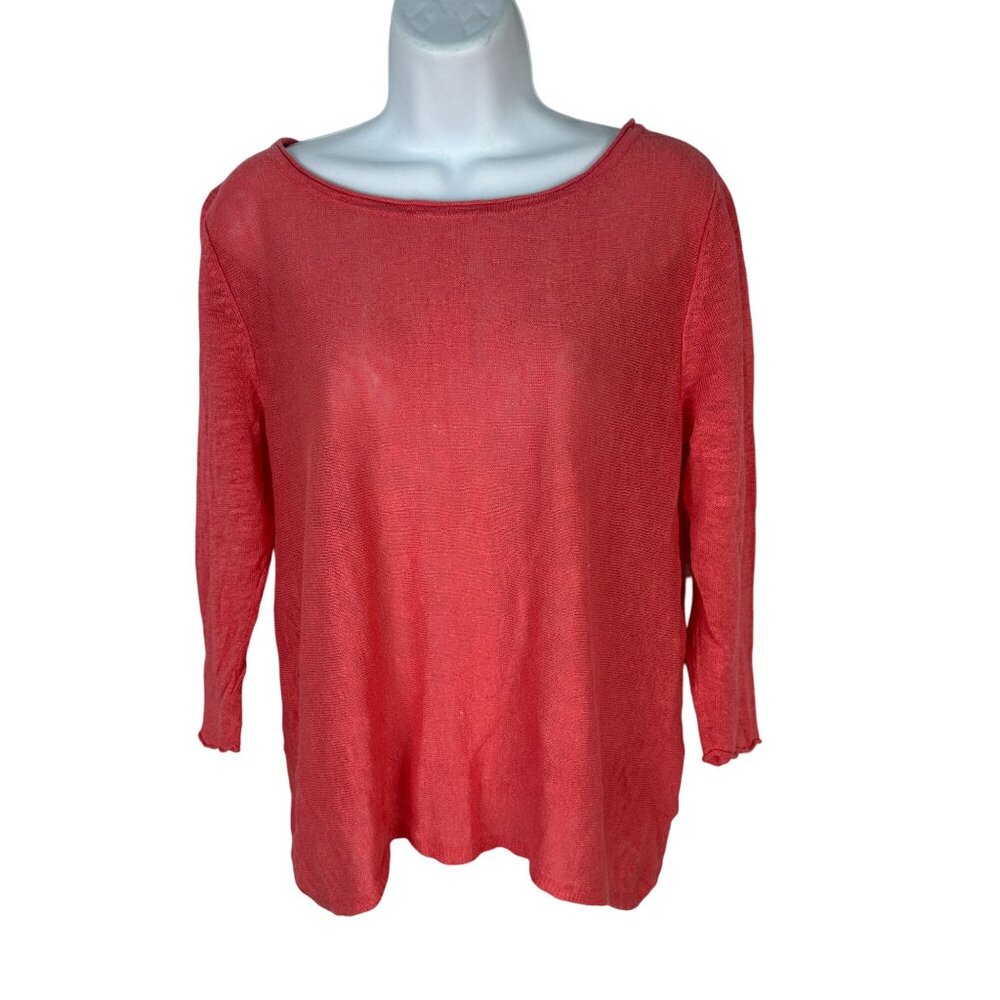 Eileen Fisher Petite Womens Coral Pink 100% Linen Lightweight Long Sleeve Top PL